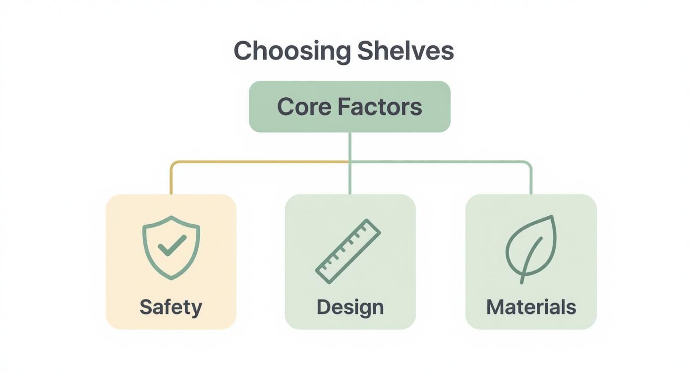 A diagram titled 'Choosing Shelves' with 'Core Factors' leading to 'Safety', 'Design', and 'Materials'.
