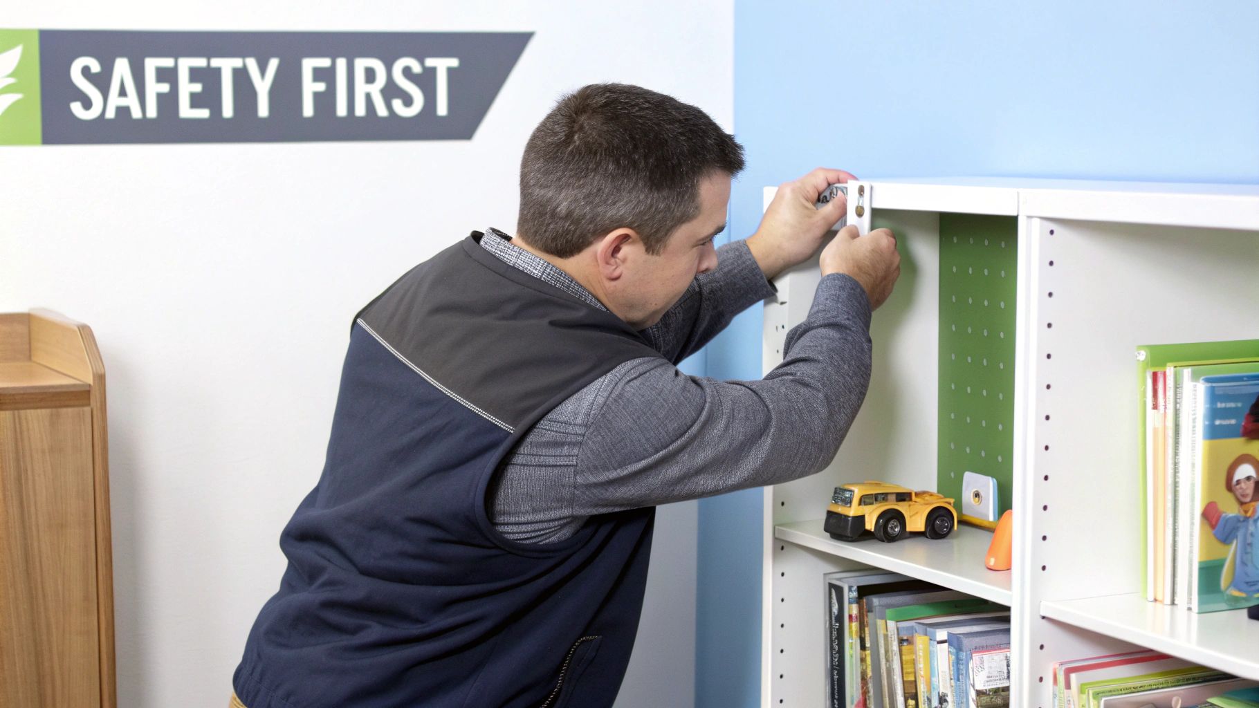 Man securely installing white shelving unit for kids, ensuring safety in a child-friendly room.