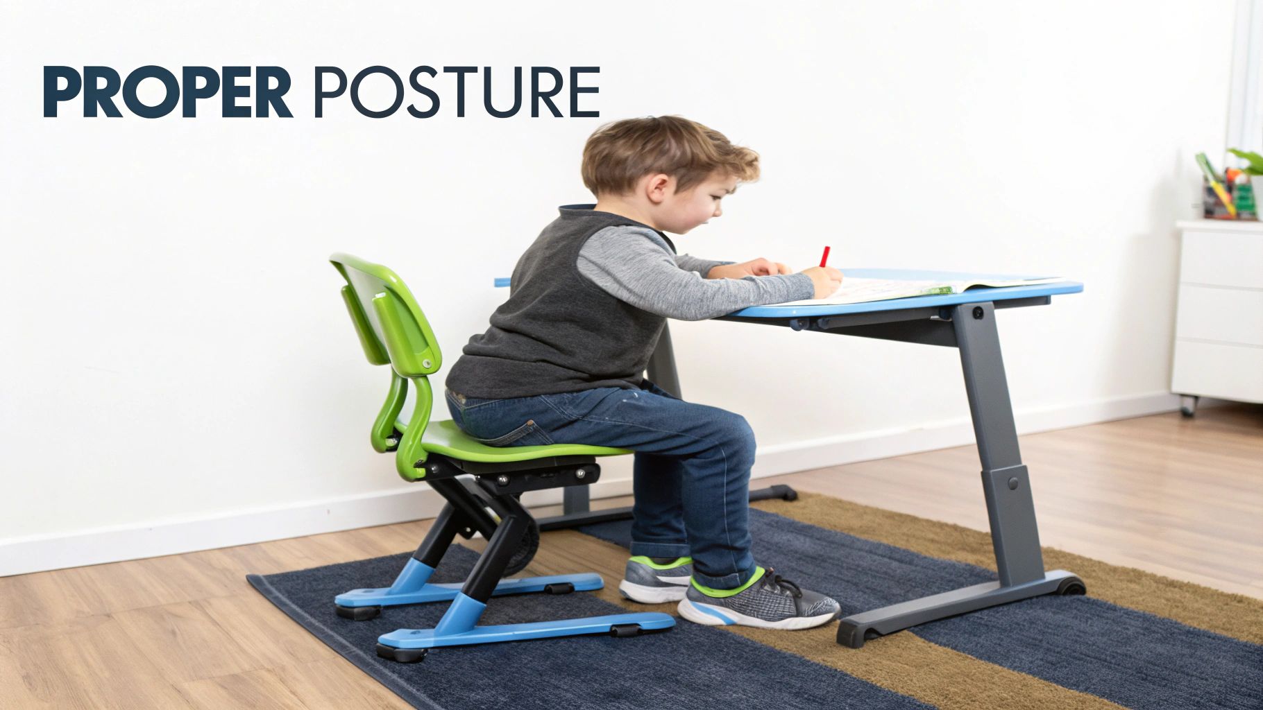 A young child sits at an ergonomically correct kids chair table set, with feet flat and elbows at table height.