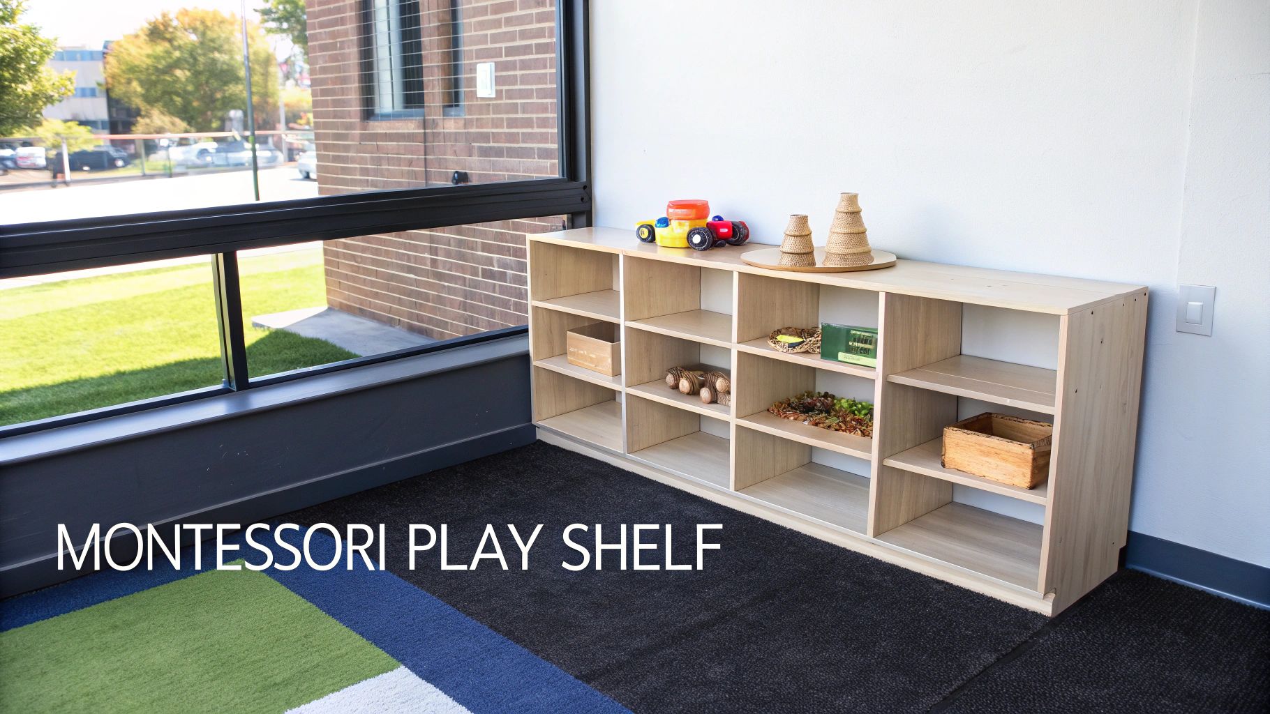 A young child selecting a toy from a low, wooden Montessori play shelf in a brightly lit room.
