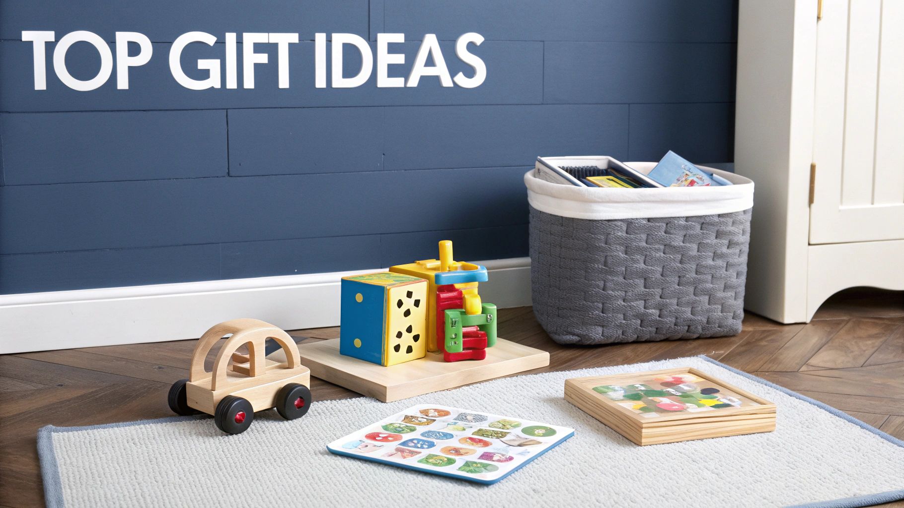 A collection of colorful toddler toys, including a wooden car and puzzles, displayed as top gift ideas.