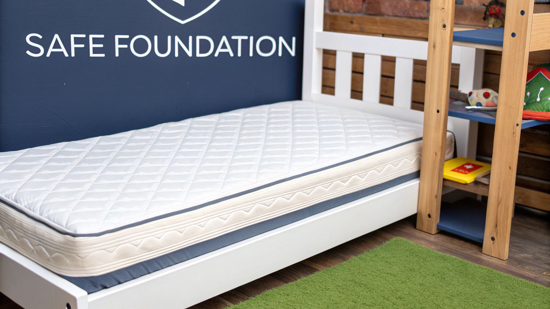 A child's bed with a white quilted mattress next to a blue wall and wooden bunk bed.
