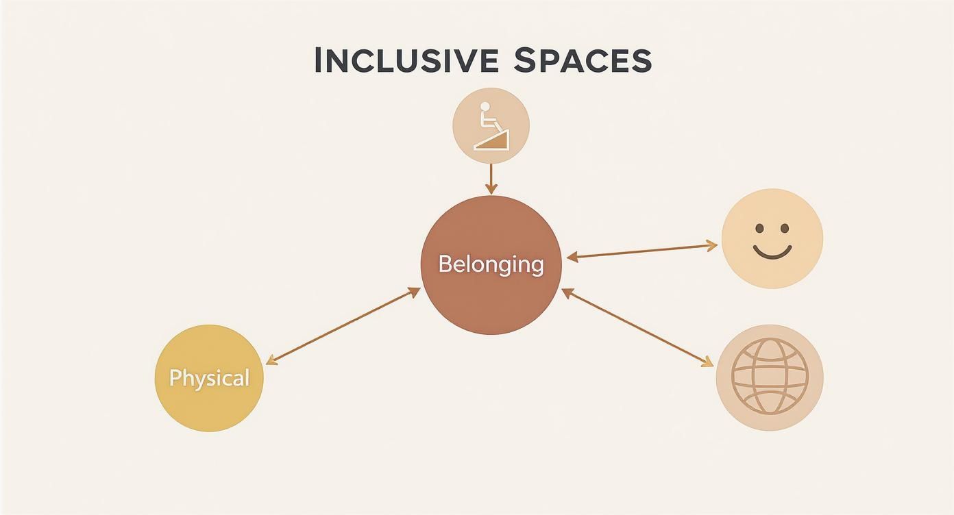 Diagram illustrating inclusive spaces: Belonging linked to physical accessibility, happiness, and global diversity.