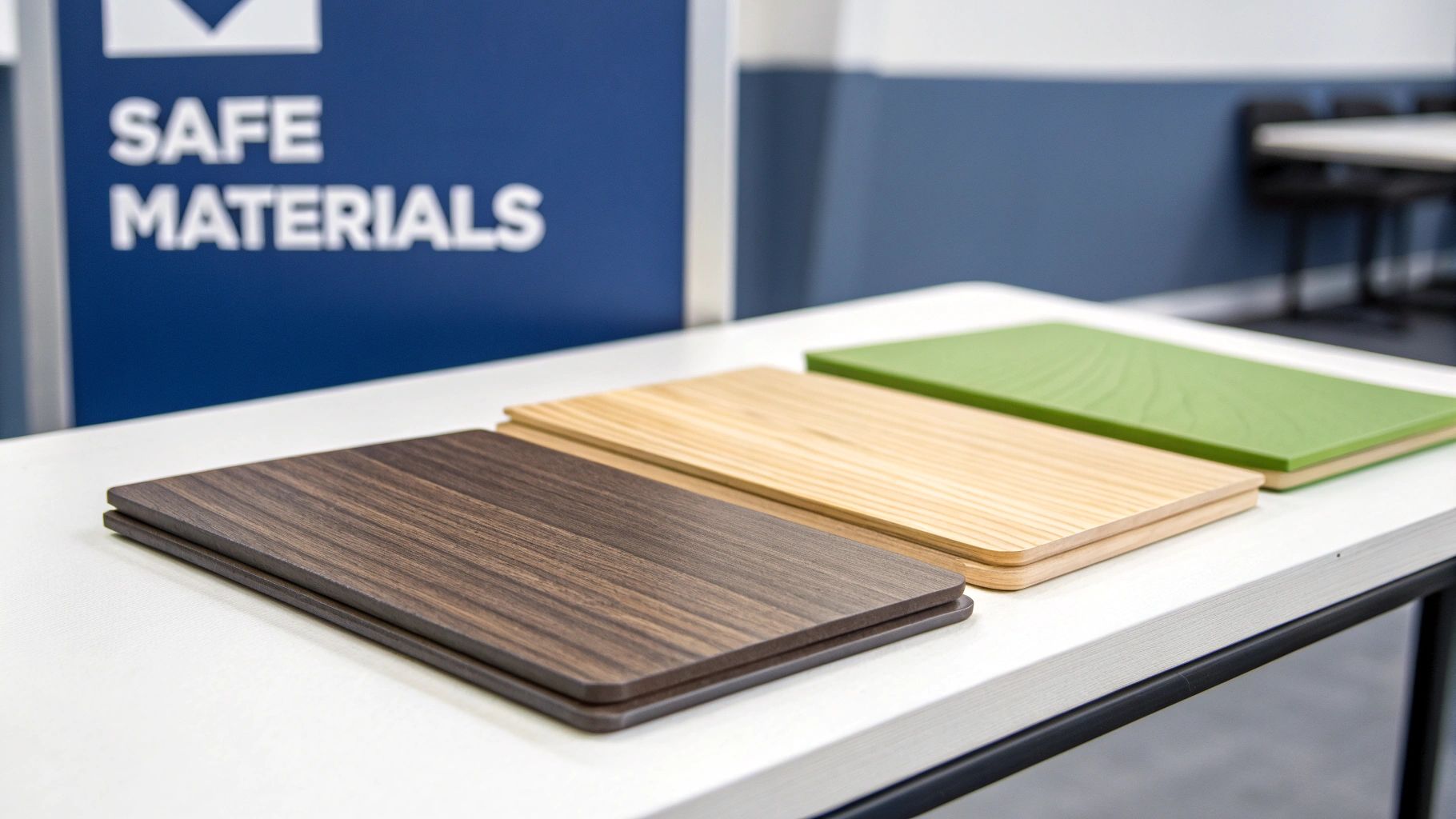 Safe material samples for kids furniture including wood grain and green panels on white desk