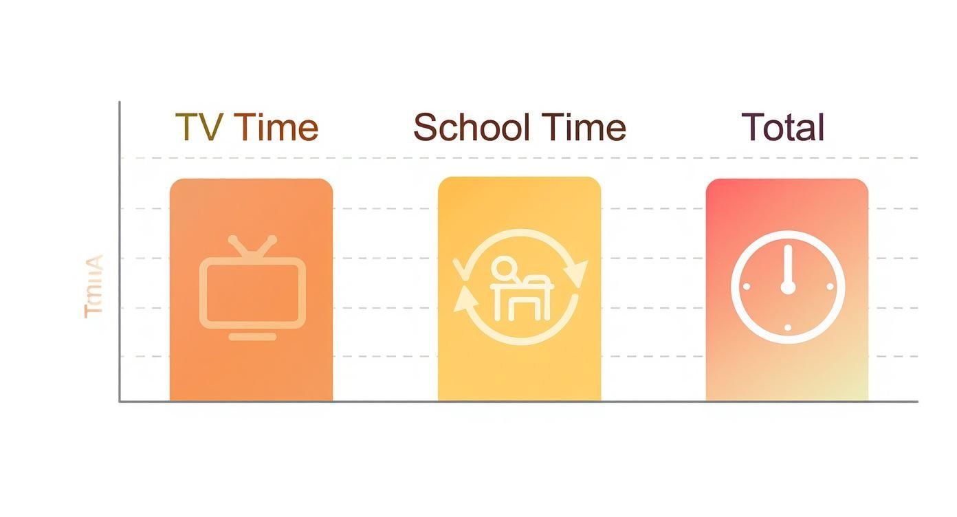 Bar chart comparing TV time, school time, and total time for children with colorful icons