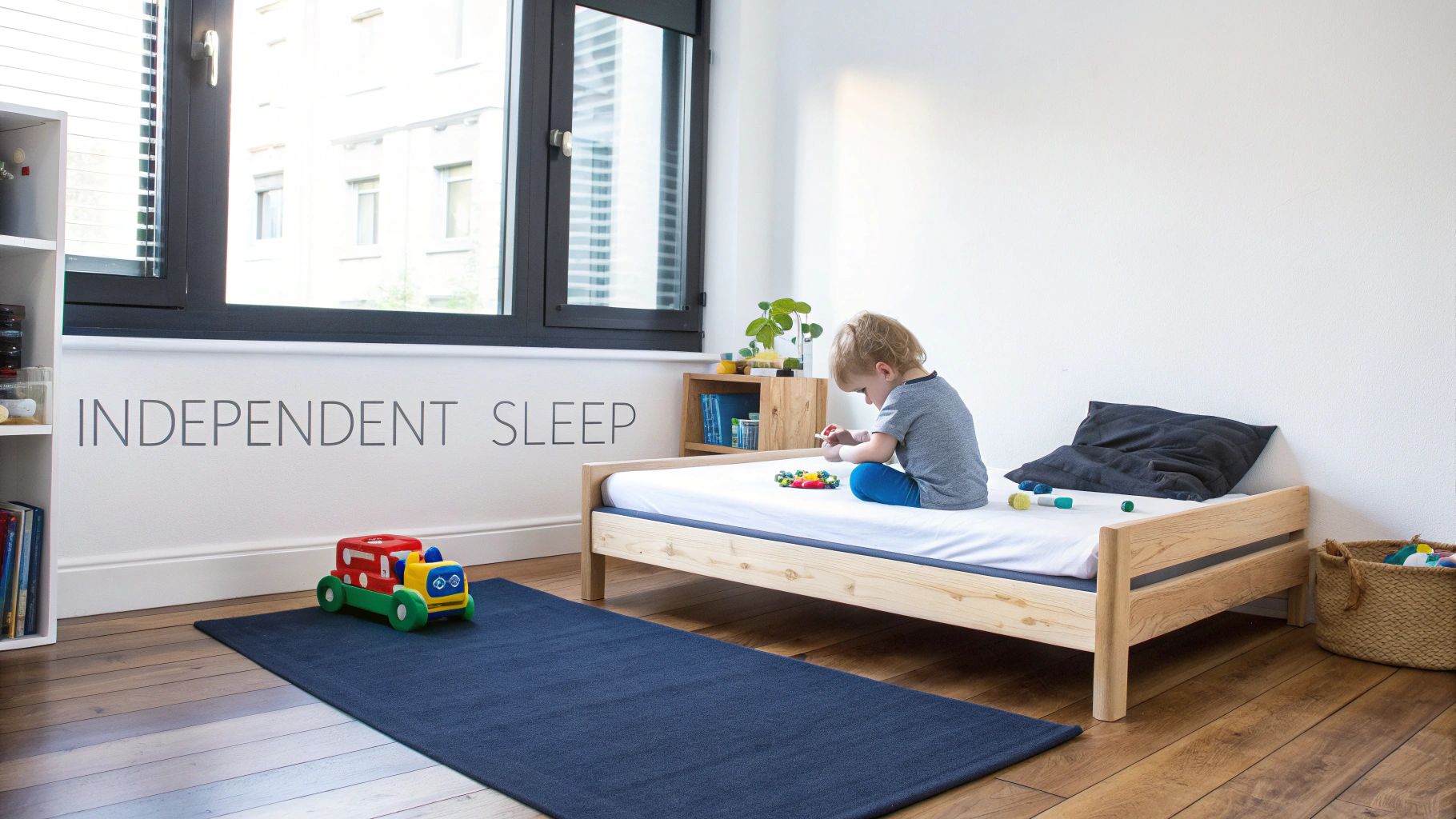 Toddler playing with colorful toys on a wooden floor bed, promoting independent sleep.