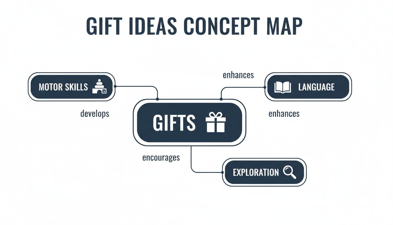 A concept map illustrates how gifts contribute to the development of motor skills, language, and exploration.