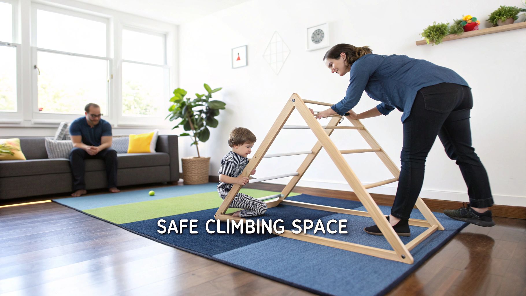 A child climbing a Pikler triangle on a soft rug in a well-lit room.