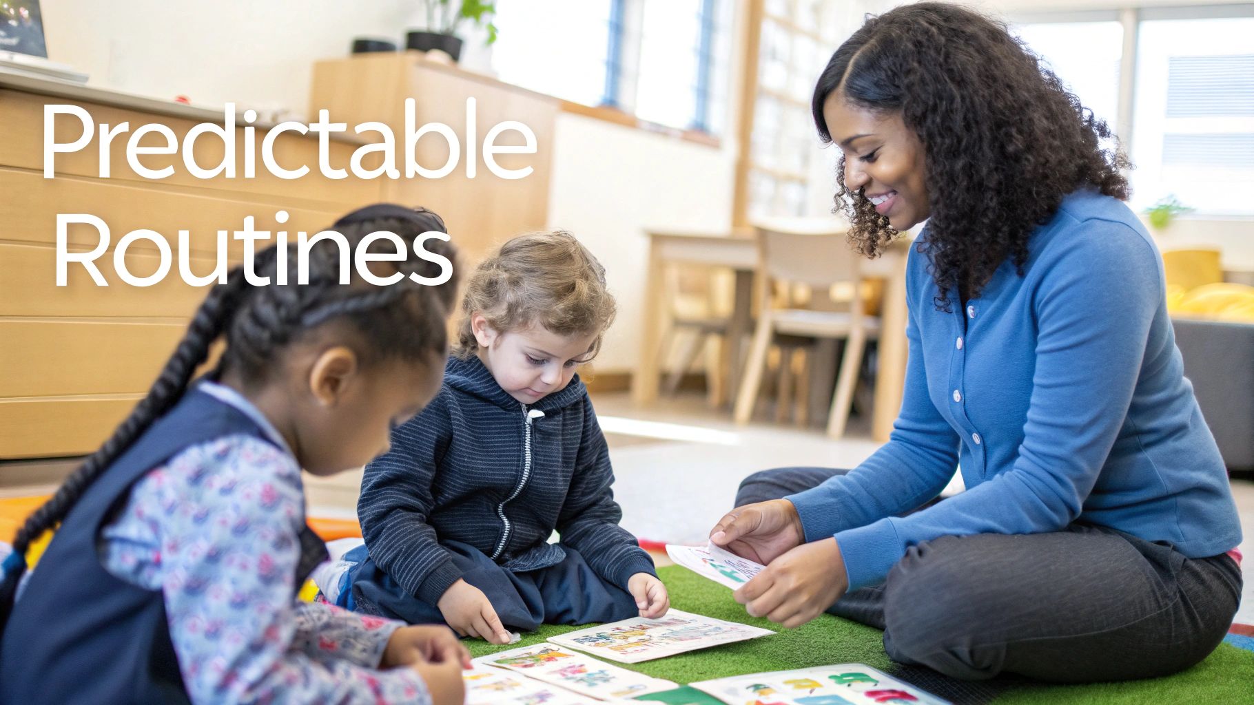 A smiling teacher helps two young children learn with colorful picture cards on a green rug.
