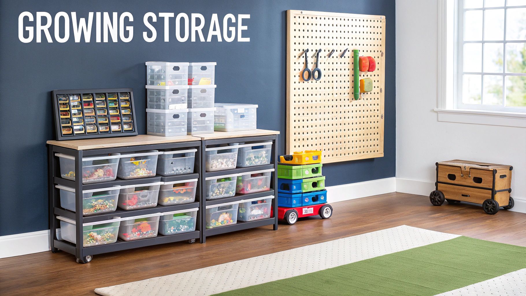A modern children's playroom with modular cubby storage, clear bins, and a white mobile craft cart filled with colorful supplies.