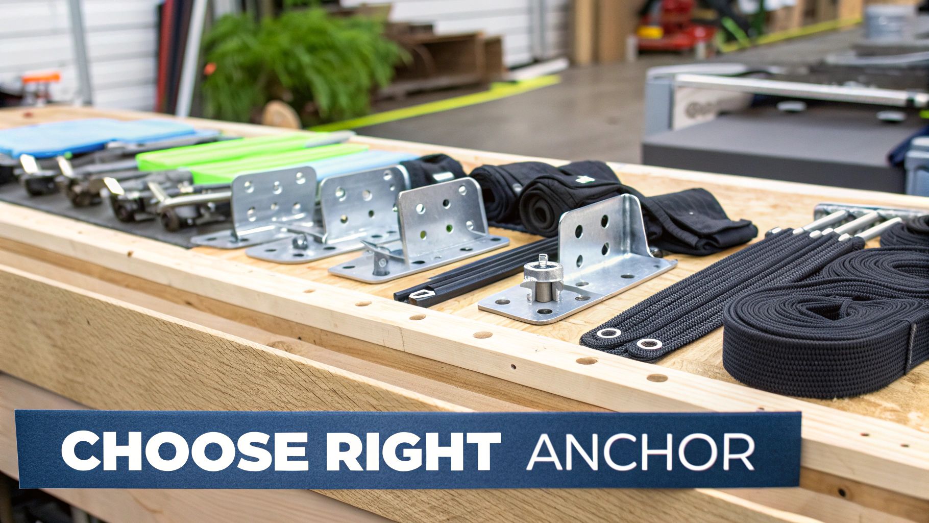 A variety of furniture anchoring hardware, including nylon straps and L-brackets, displayed neatly.