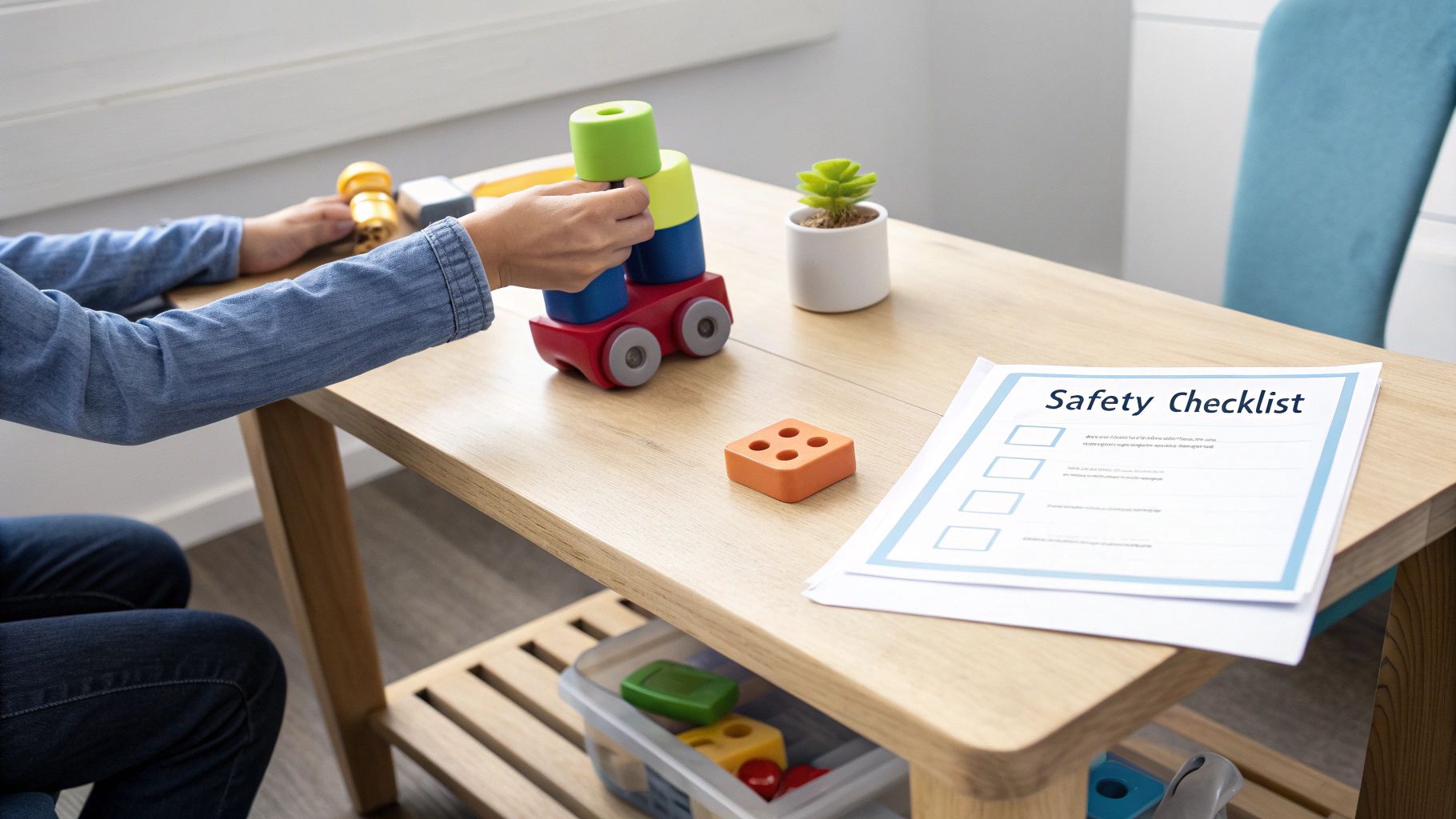 A person plays with colorful wooden building blocks and a train toy on a light wood table, next to a safety checklist.