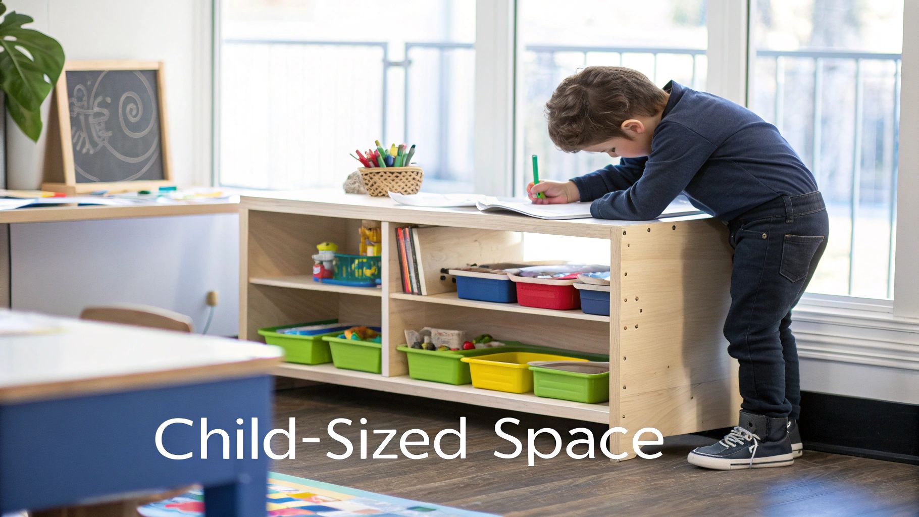 A young boy stands at a child-sized wooden desk with storage shelves, writing in a notebook.