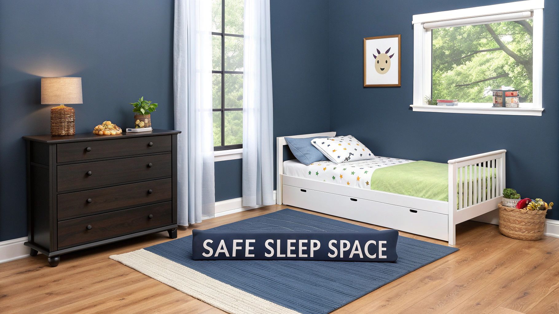 A beautifully arranged toddler's room, safe and ready for play, with a low bed as the centerpiece