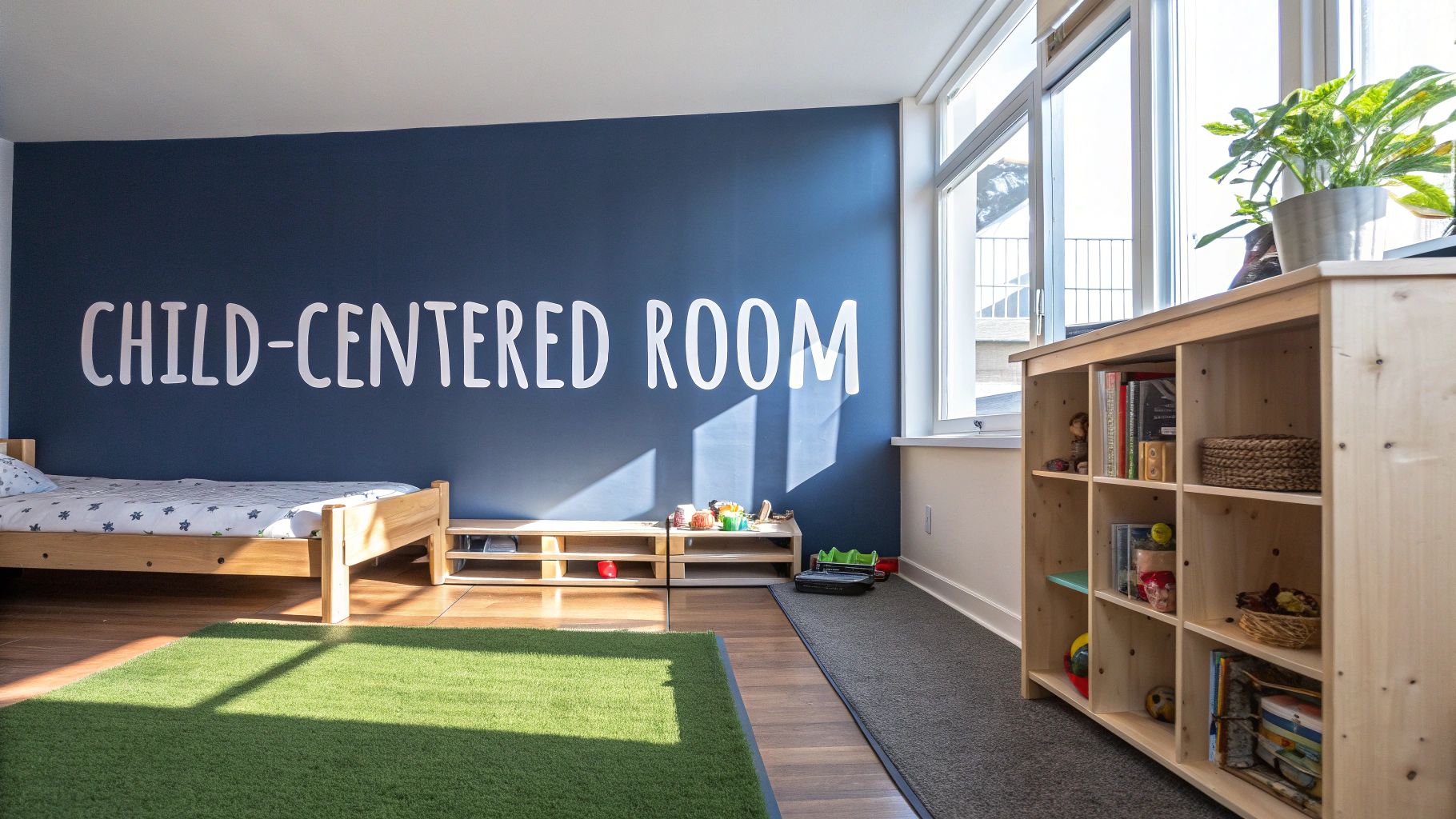 A vibrant child-centered room with a blue wall, a wooden bed, a green rug, and organized shelves.