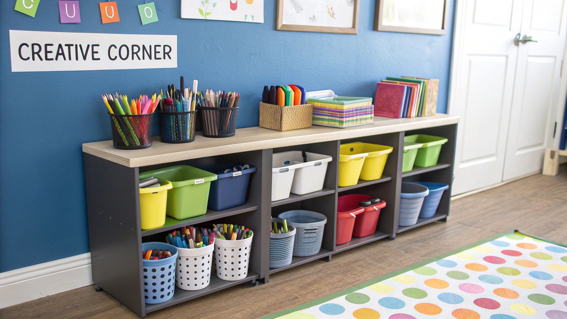 A neatly organized toddler art desk with colorful bins for supplies and a comfortable small chair next to it.