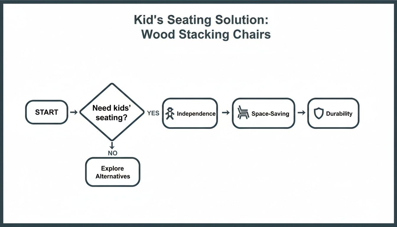 Flowchart illustrates wood stacking chairs as a kid's seating solution, highlighting independence, space-saving, and durability.