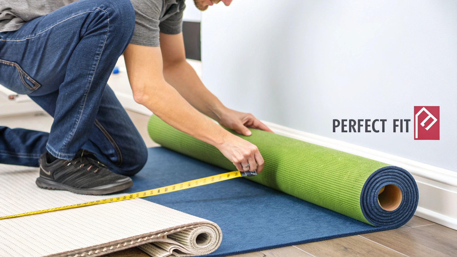 A parent measuring a living room floor space with a tape measure, with a baby playing nearby.