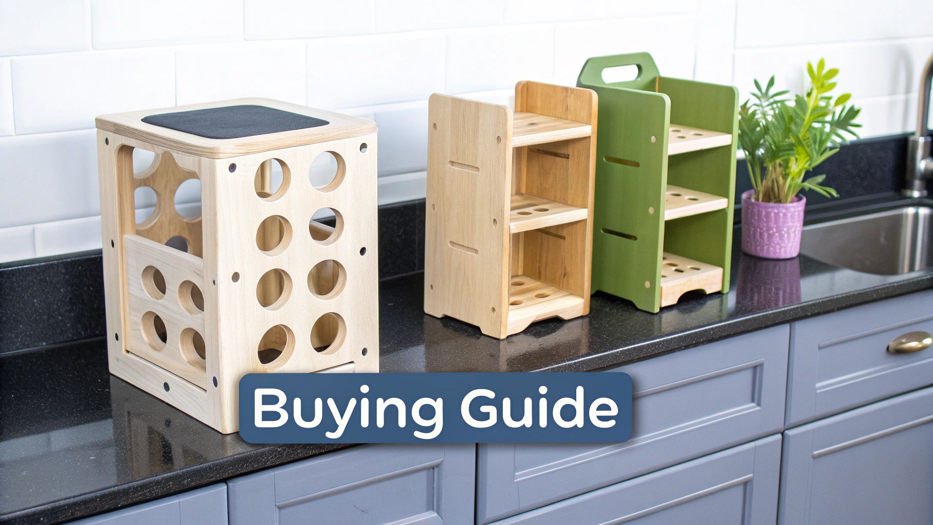 A child standing in a white learning tower in a modern kitchen, looking at a cookbook.