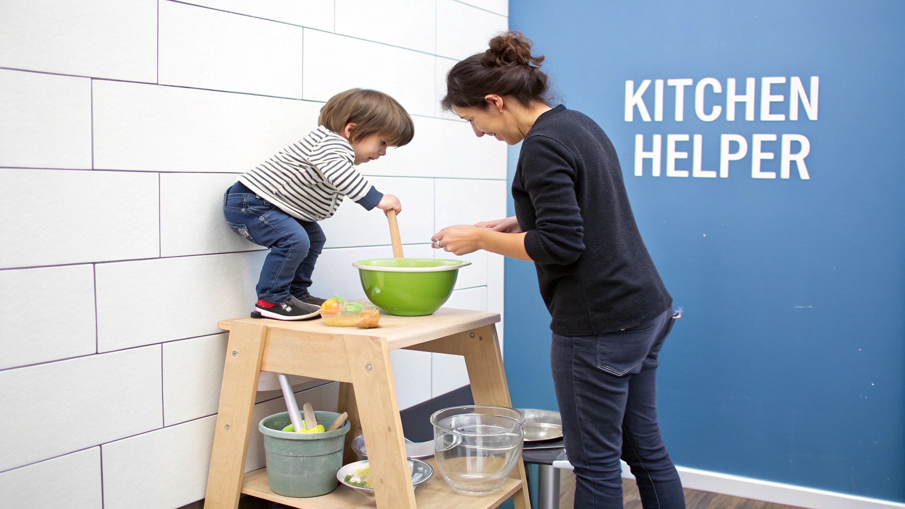 A young child on a step stool stirs a green bowl while an adult assists in the kitchen.