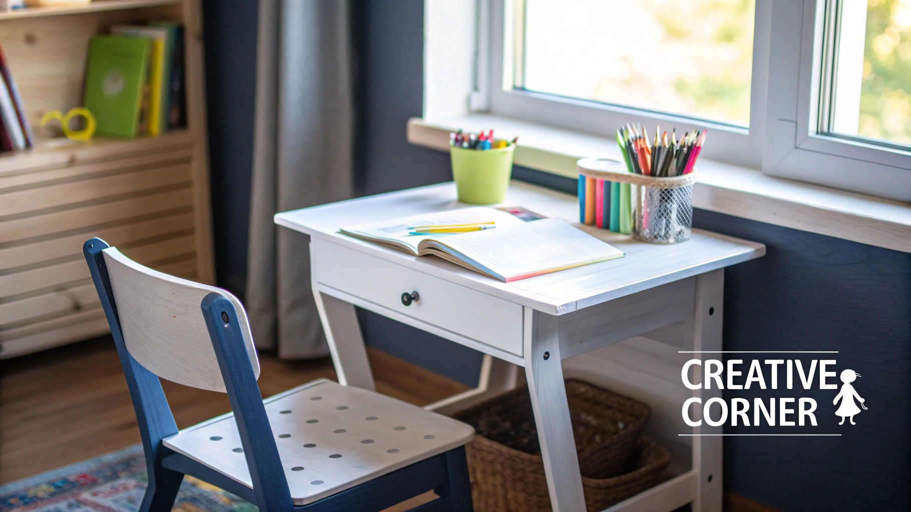 A cozy child's white wooden desk with a blue chair, open notebook, and colorful art supplies.