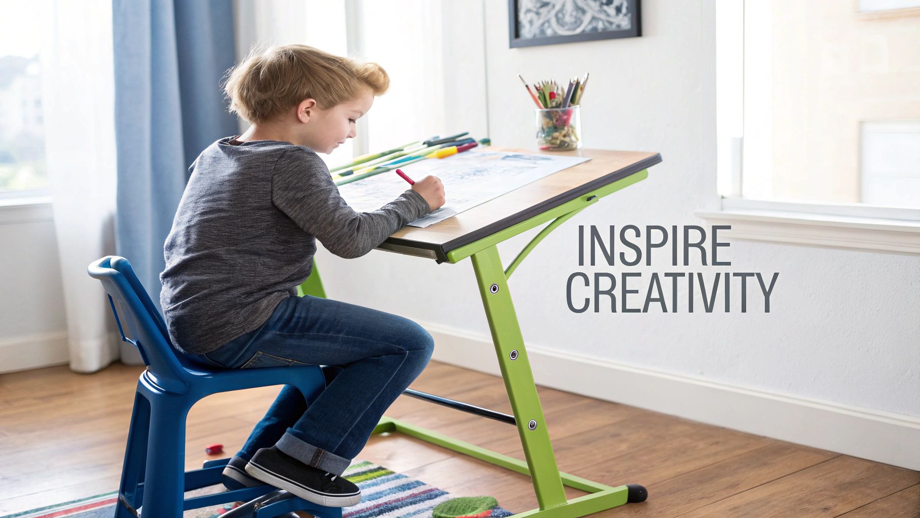 A young boy drawing on a green drafting table with colorful art supplies, inspiring creativity.