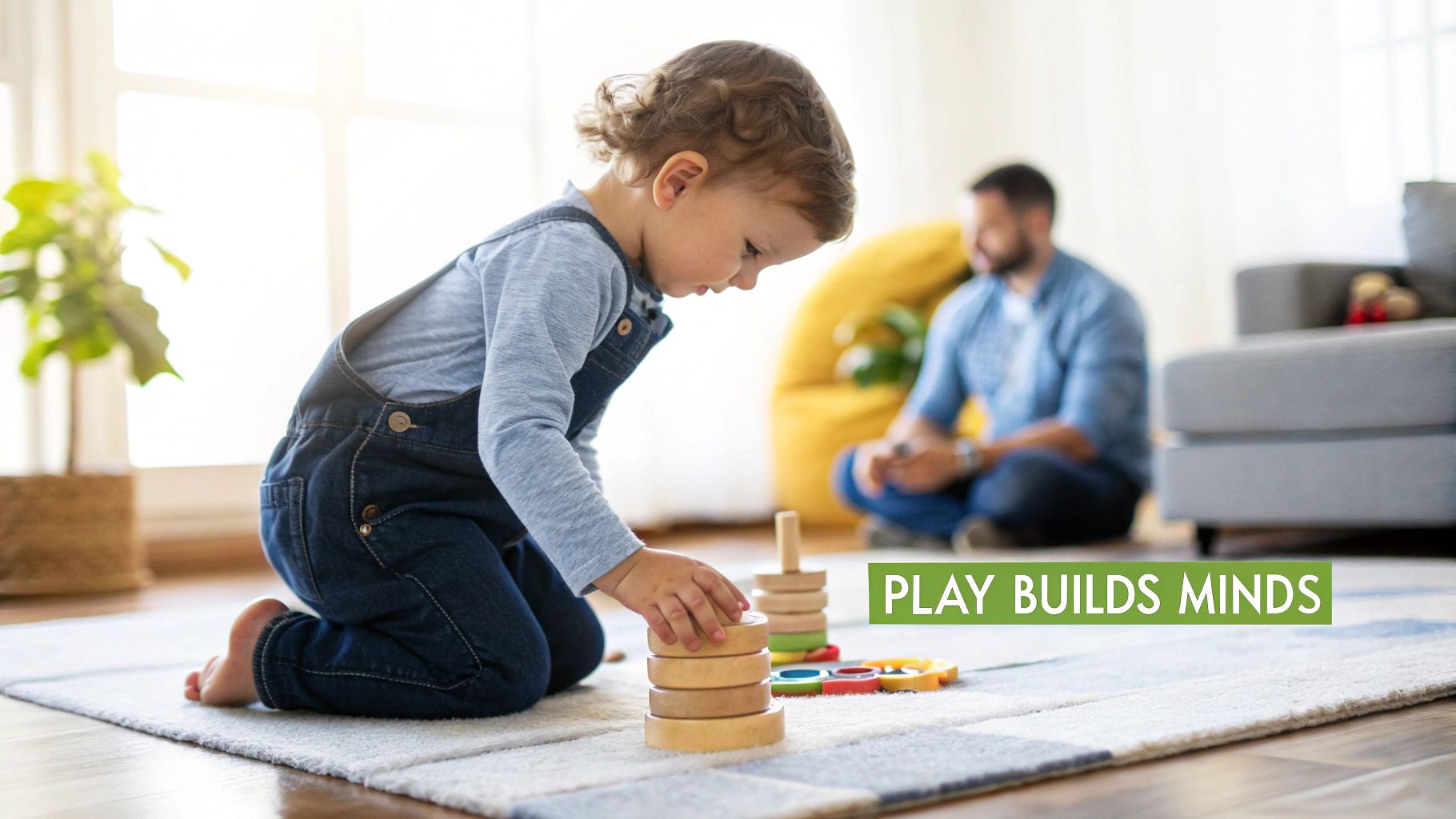 A toddler engaged in playing with colorful, developmental toys on the floor, showcasing a focused and curious expression.