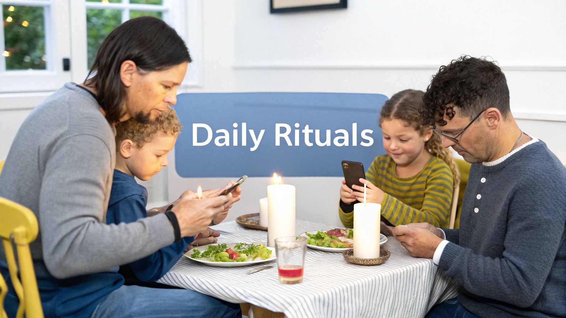 A family is gathered around a dining table, laughing and talking, with no electronic devices in sight, illustrating a positive daily routine.
