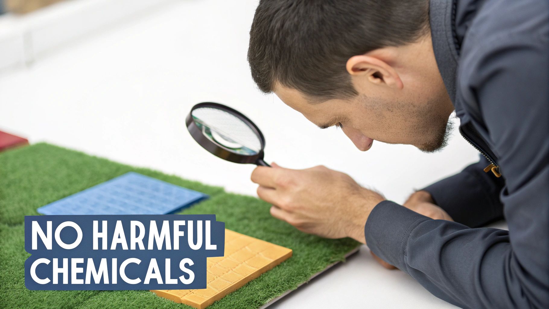 A man uses a magnifying glass to inspect foam play mats and artificial grass, emphasizing no harmful chemicals.