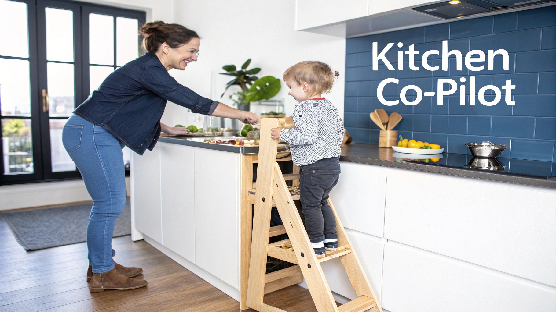 Mother supervising young child safely using wooden kitchen helper stand at counter
