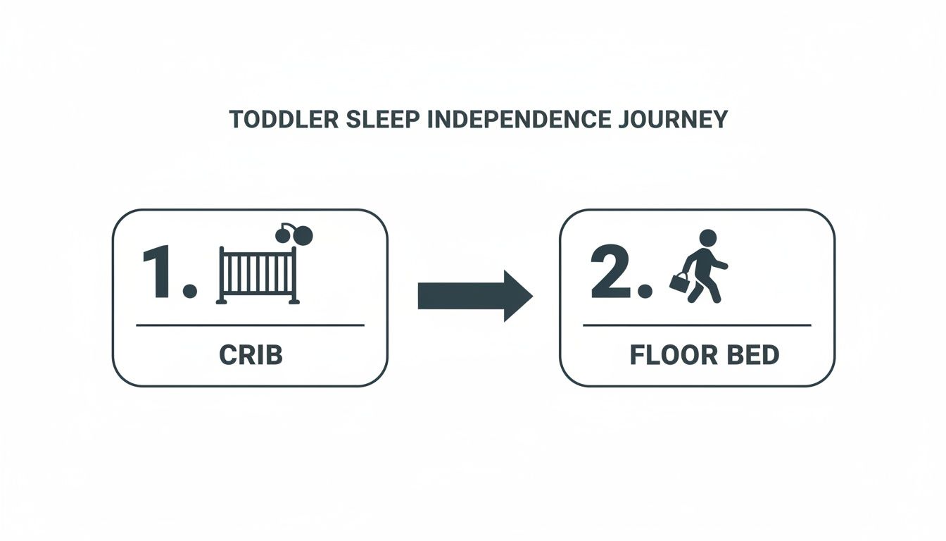 Illustration showing a toddler's journey from sleeping in a crib to a floor bed.
