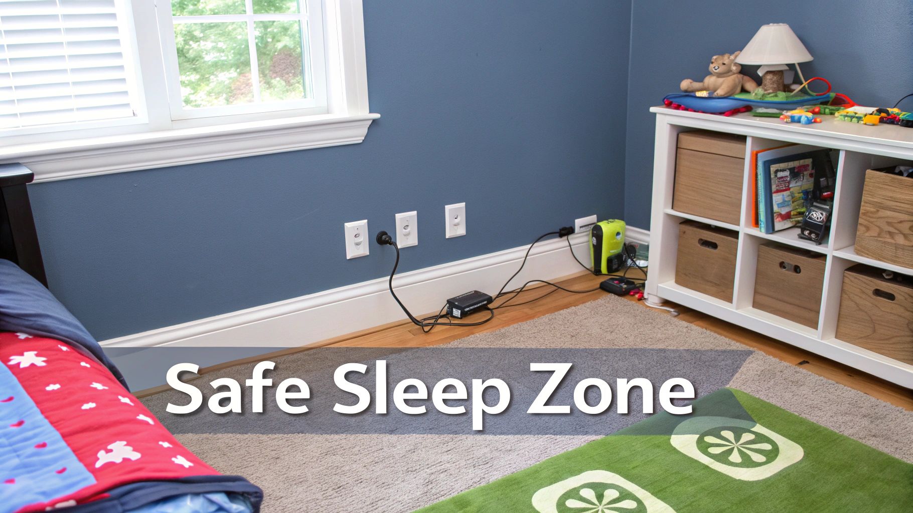 A child's bedroom with blue walls, a bed, window, and exposed electrical outlets with plugged-in cables.
