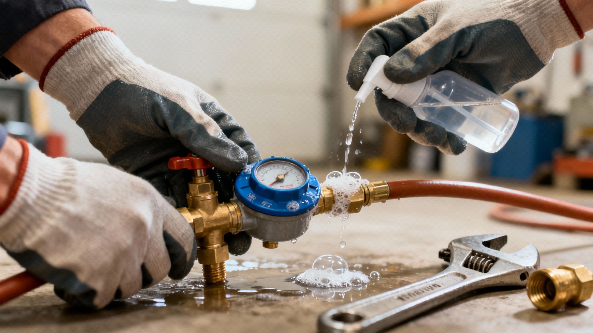 Hands in gloves applying soapy water to a gas pressure gauge and brass fittings to check for leaks.