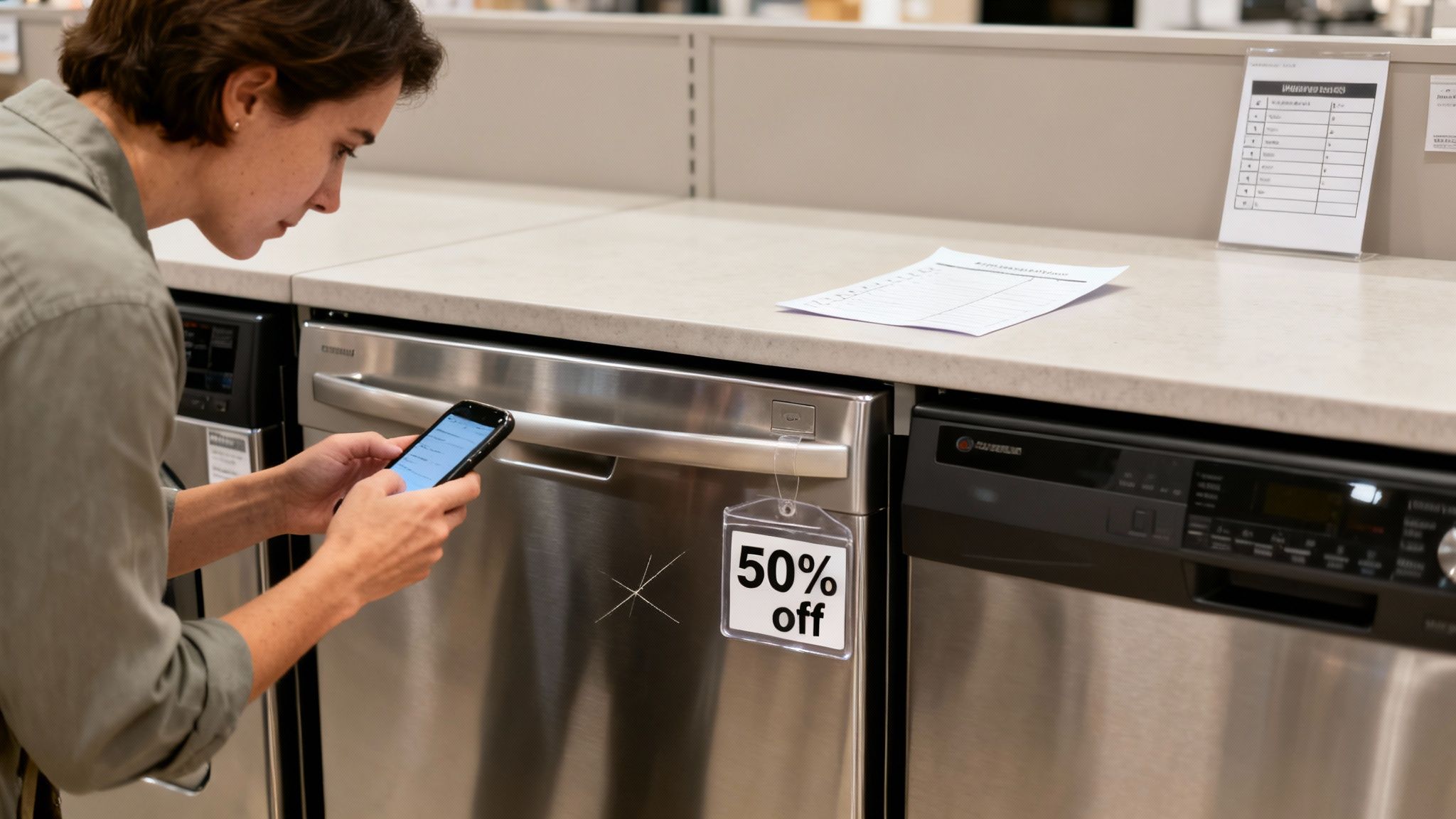 Person comparing prices on a smartphone next to a stainless steel dishwasher with a 50% off sign in a store.