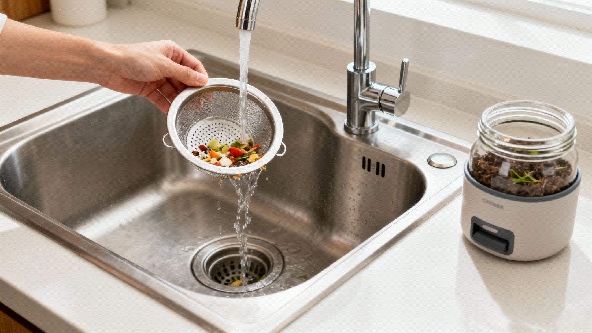Hand rinses food waste in a metal strainer over a kitchen sink, with a composting device on the counter.