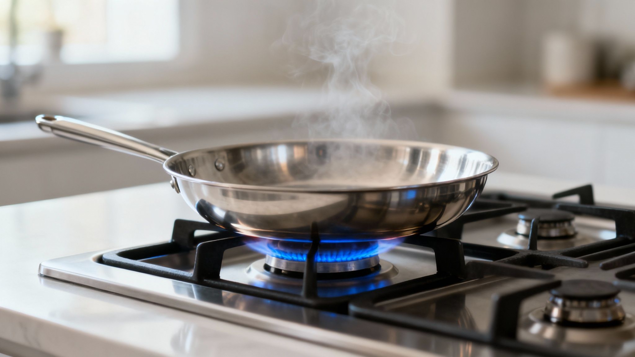 A stainless steel frying pan with vegetables sizzling on a gas cooktop, showing the direct flame.