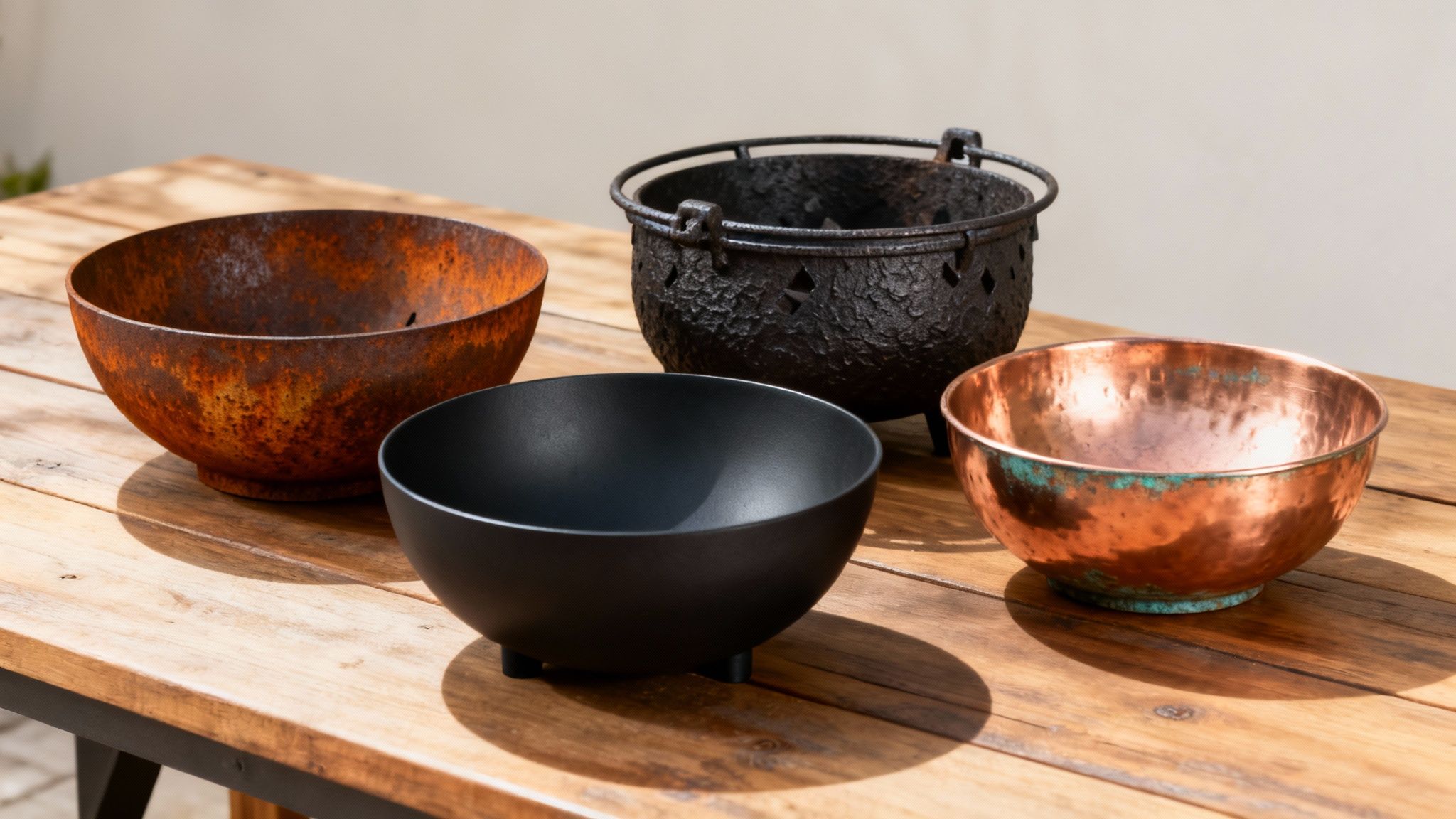 A modern steel fire pit on a stone patio with comfortable seating