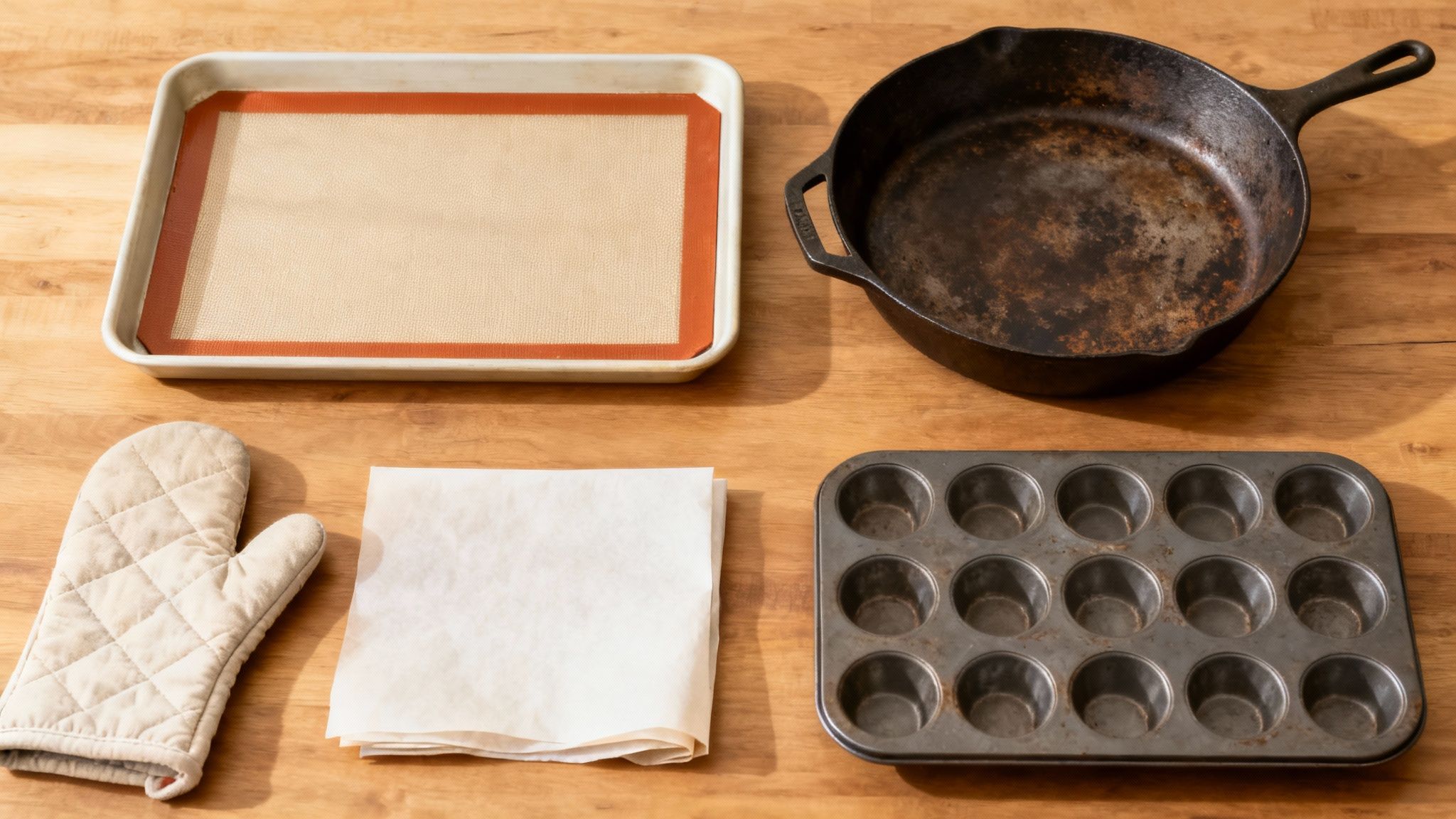 A collection of bakeware including silicone mats, muffin tins, and a baking pan, representing alternatives to baking sheets.