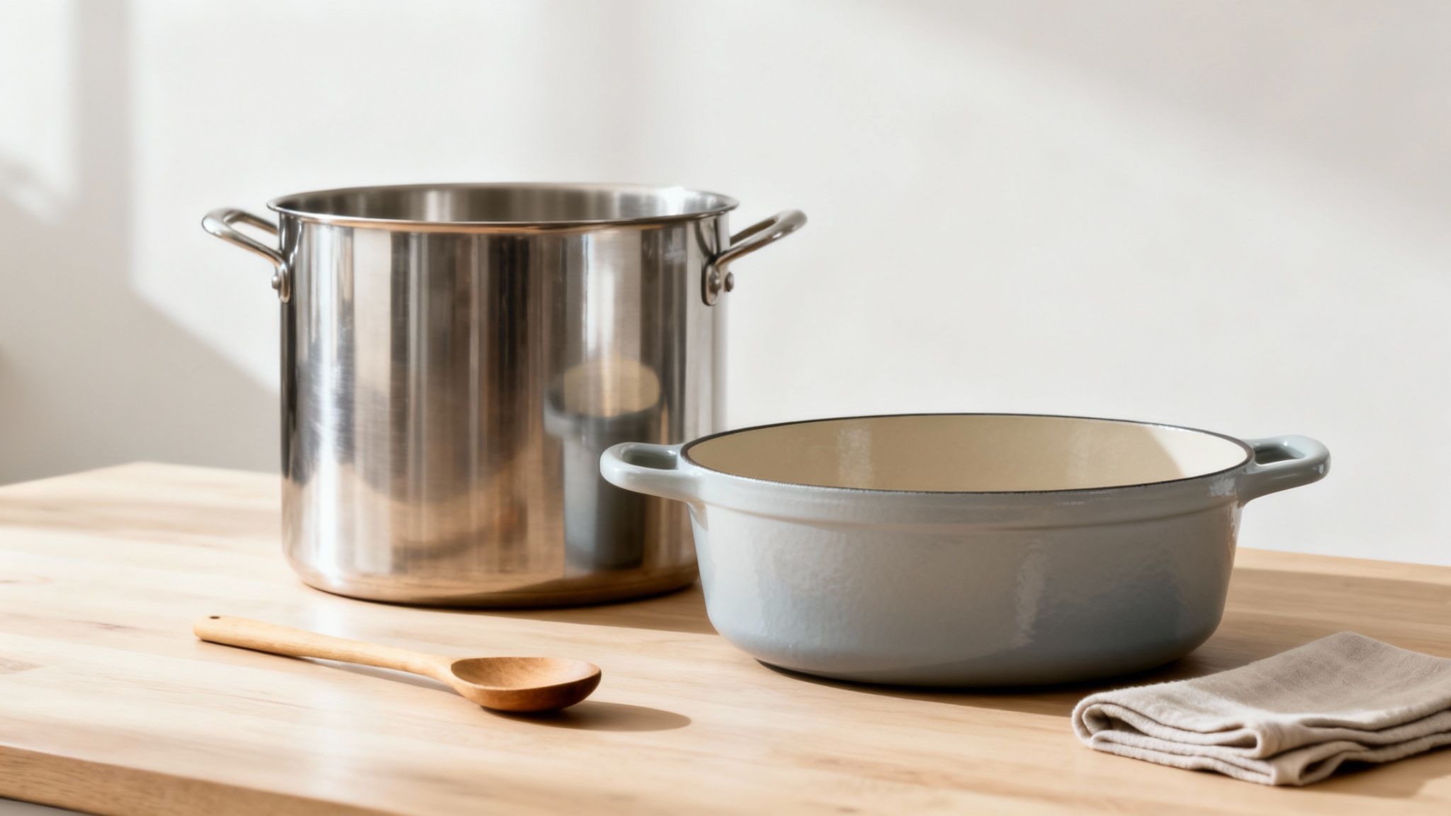 A stainless steel stock pot, a grey Dutch oven, a wooden spoon, and a napkin on a wooden table.