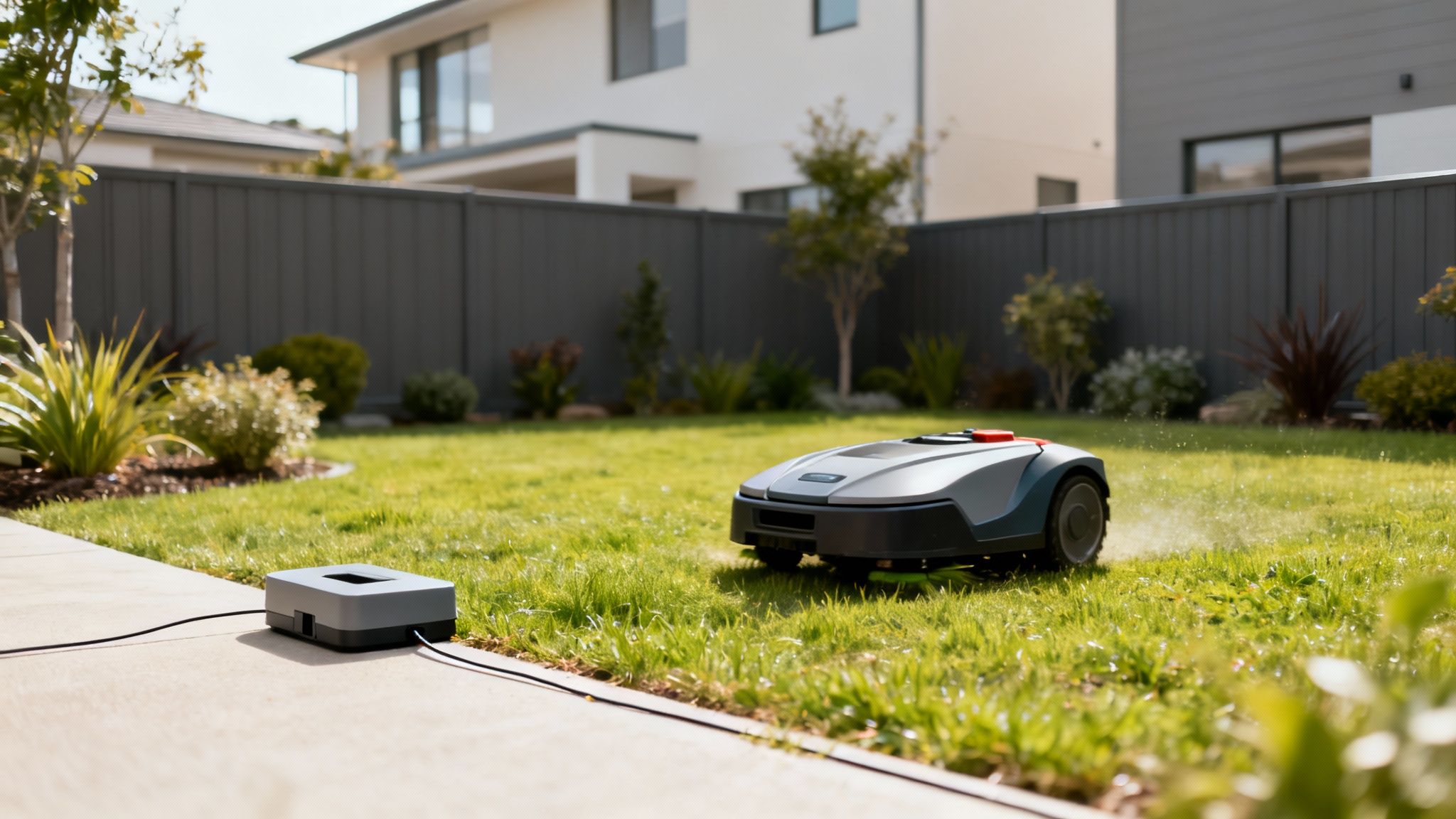Robotic lawn mower automatically cutting grass in modern residential backyard with charging station