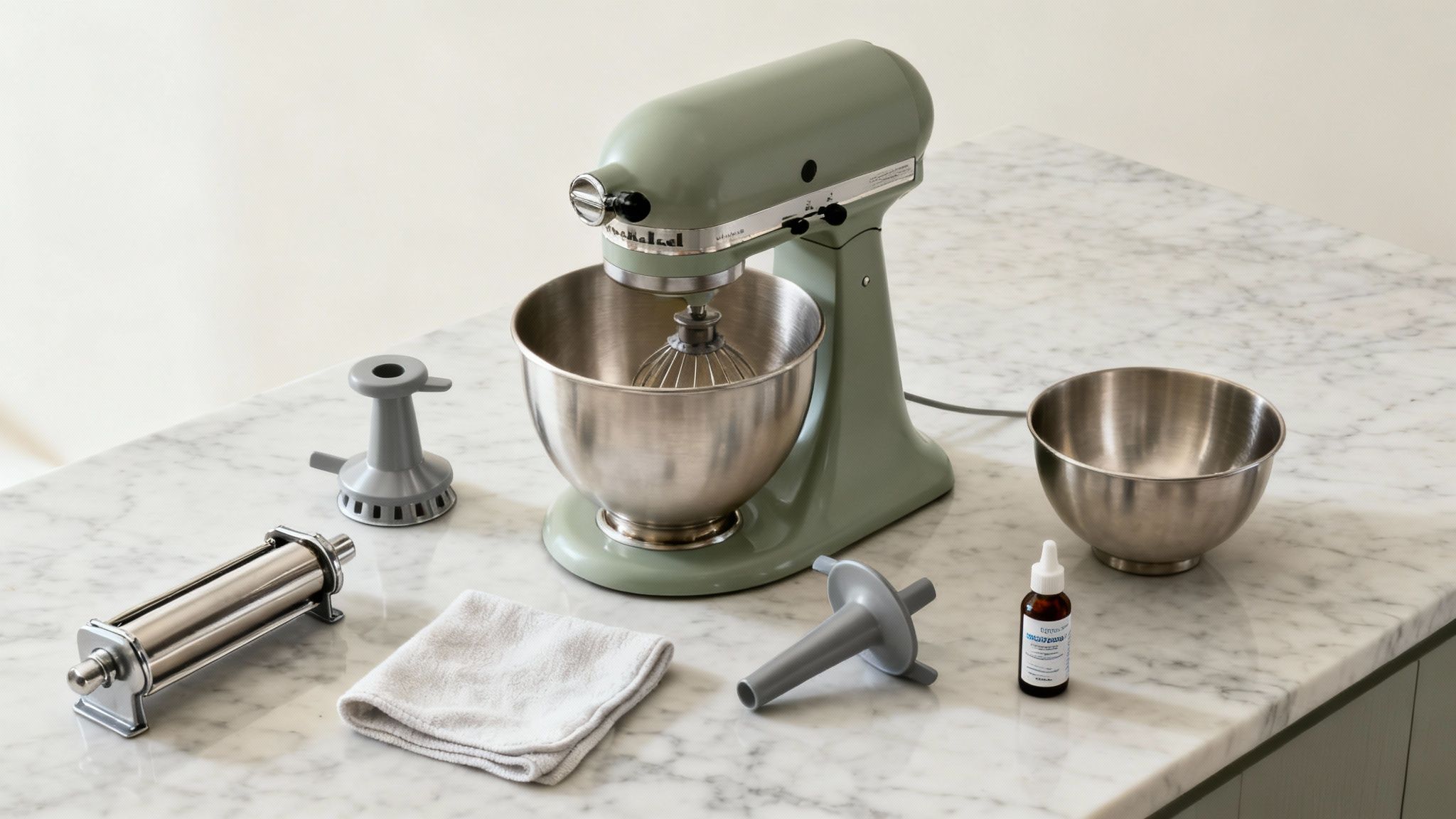 Several stand mixer attachments like a pasta roller and meat grinder displayed neatly on a kitchen counter.