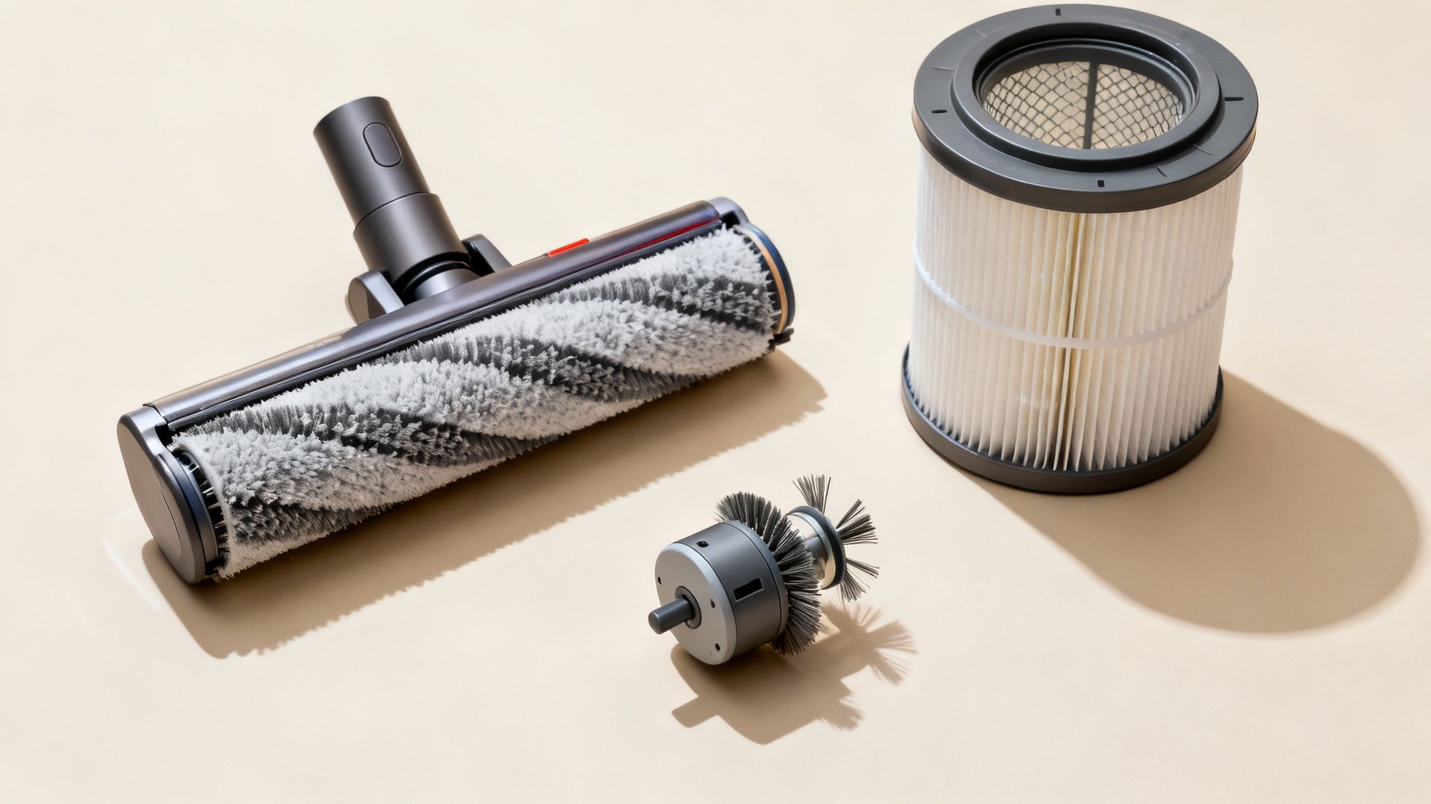 A modern vacuum cleaner head with an anti-tangle brush roll, effectively picking up pet hair from a light-colored carpet.