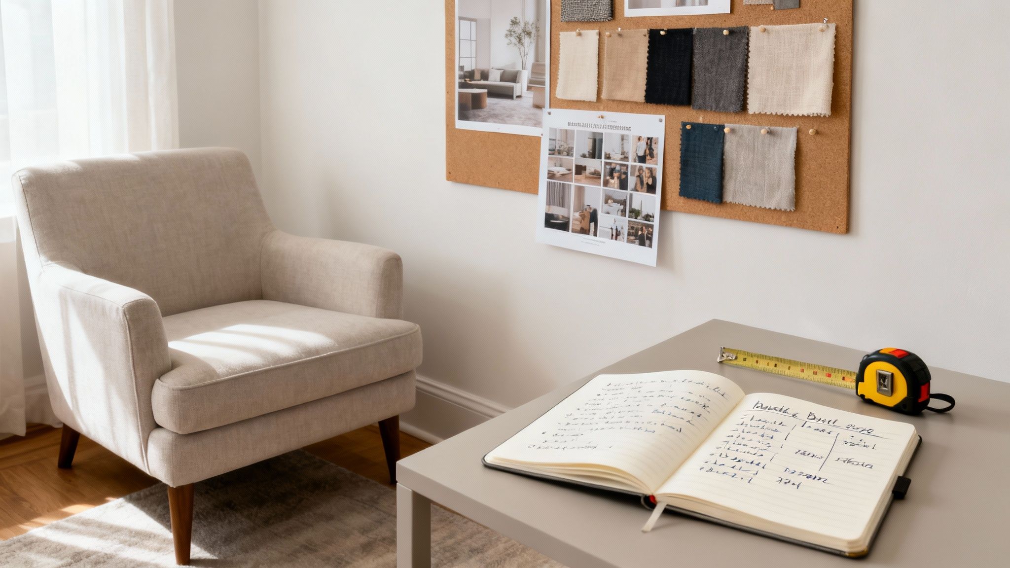 A cozy interior design workspace with fabric samples, mood board, notebook, and measuring tape.