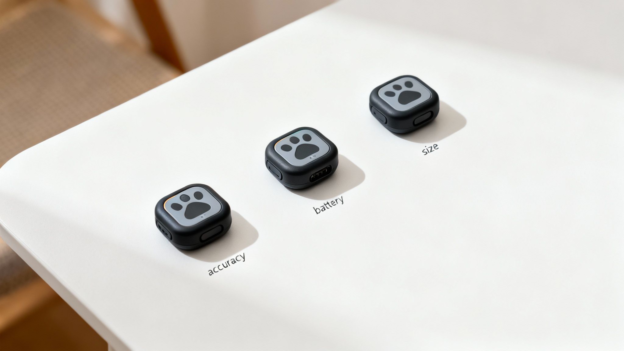 A person's hand holding a smartphone displaying a map with a pet's location, with a GPS pet tracker on a collar next to it.