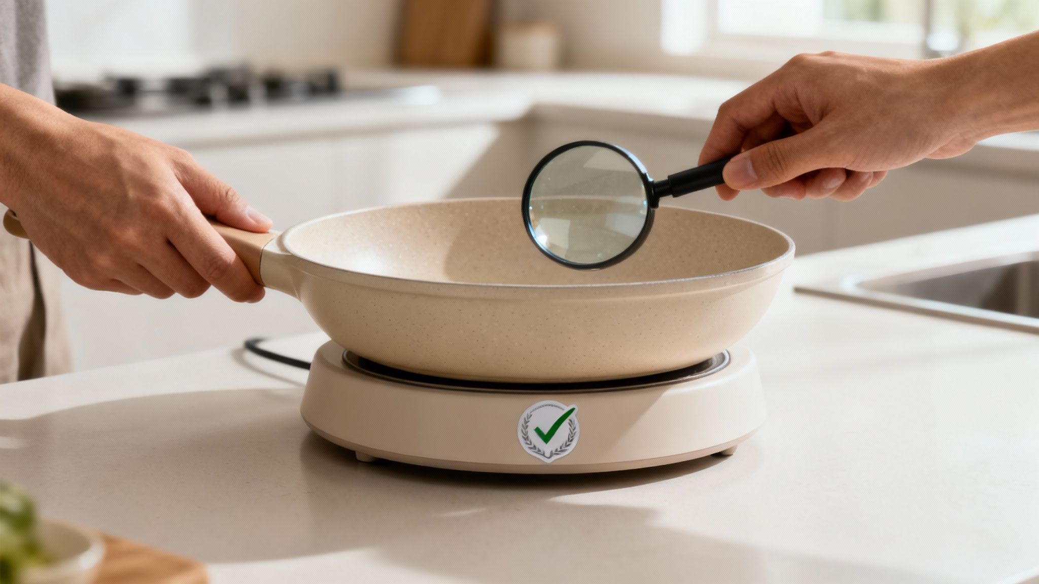 A person holding a new white ceramic pan, checking its quality in a store.