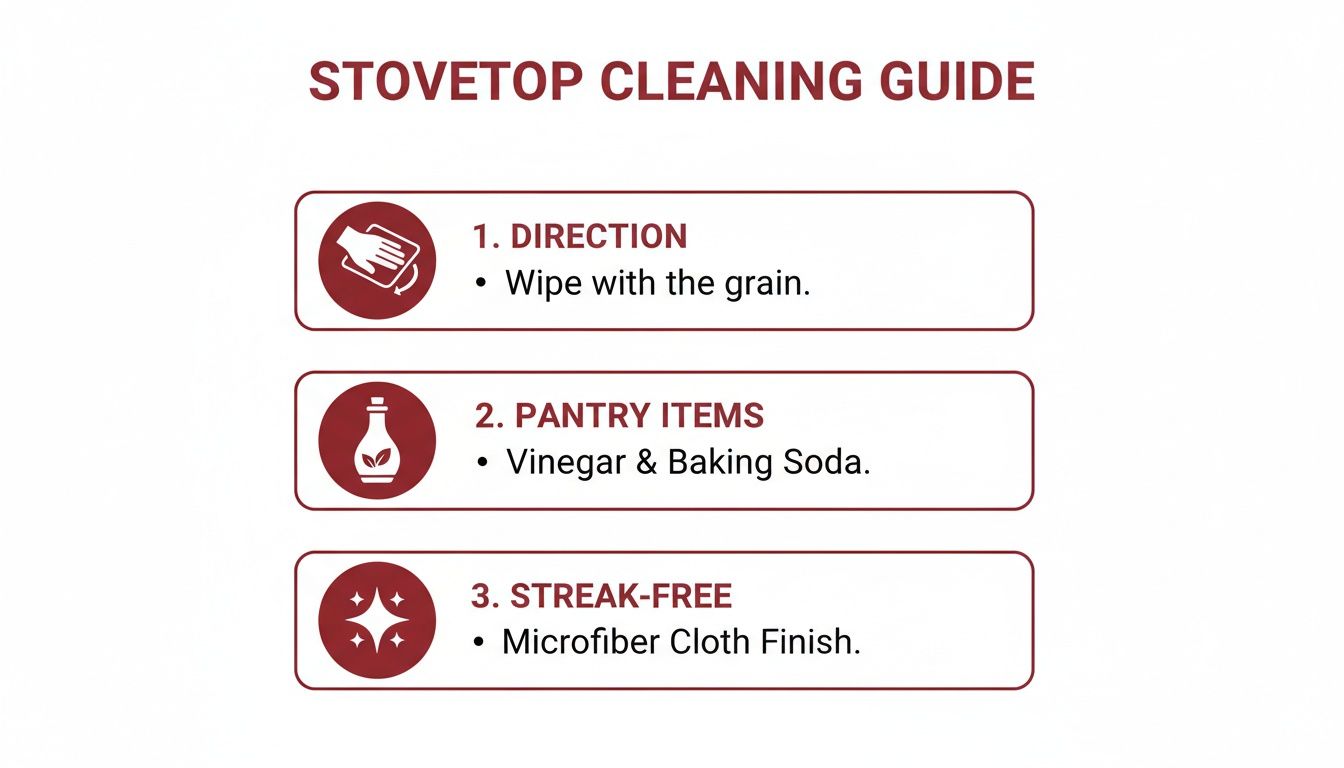 A stovetop cleaning guide outlining three steps: direction, pantry items, and streak-free finish.