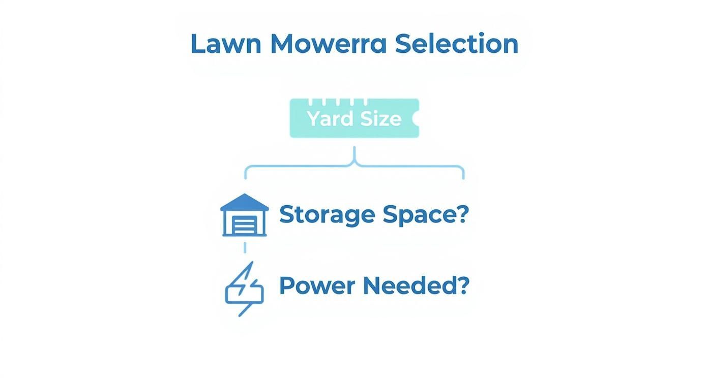 Lawn mower selection flowchart showing yard size, storage space, and power considerations for choosing best mower