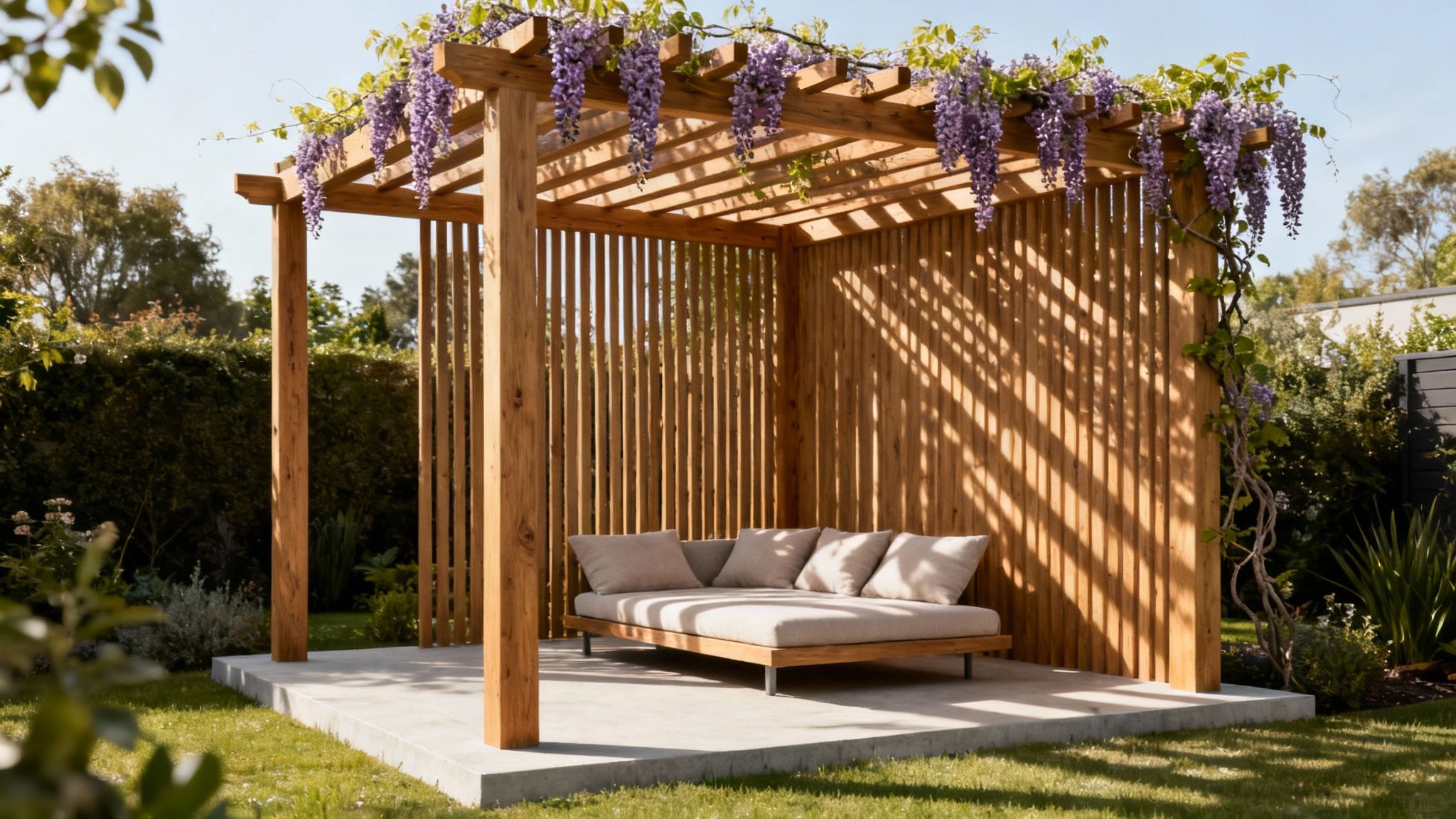 A modern wooden pergola with purple wisteria, housing a comfortable daybed in a sunny garden.