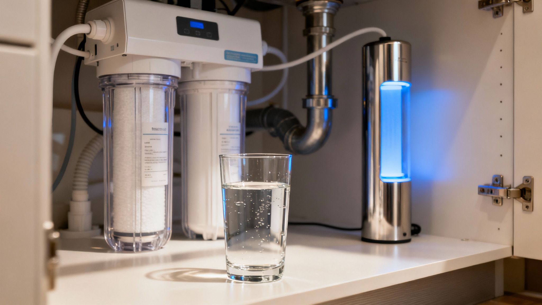 An under-sink water filtration system with clear filters, a UV light, and a glass of fresh water.