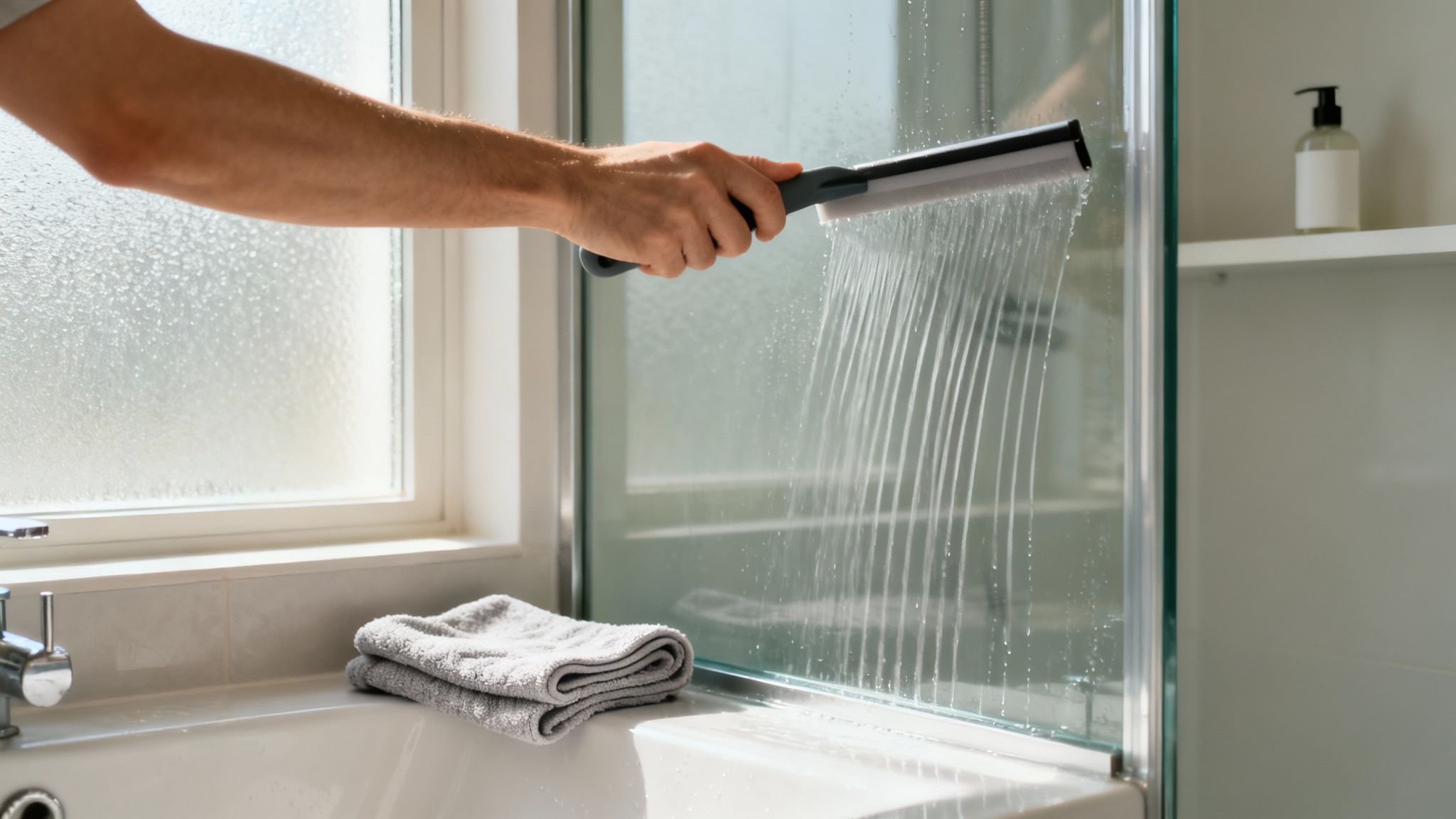 A hand uses a squeegee to clean water off a clear glass shower door.